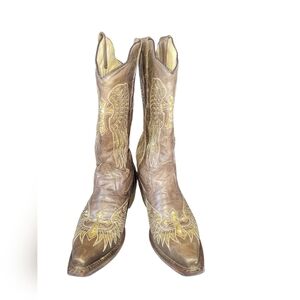 Veretta Brown Women's Leather Cowboy Boots Gold Embroidery Snip Toe Pull On